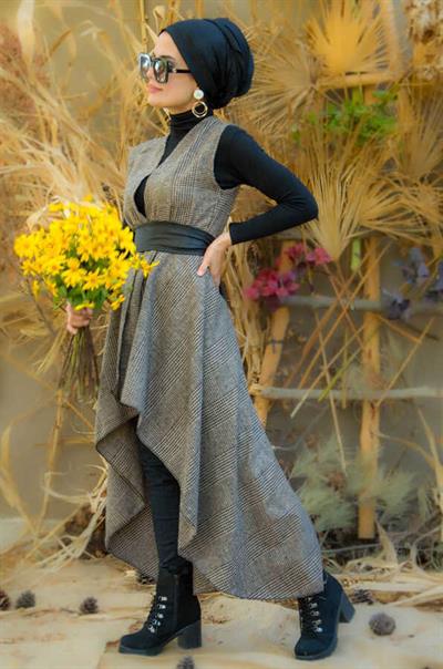 Bej Siyah Kareli Yelek