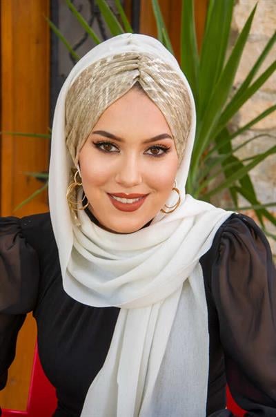 Beyaz Dore Kelebek Model Büzgülü Bone Şal