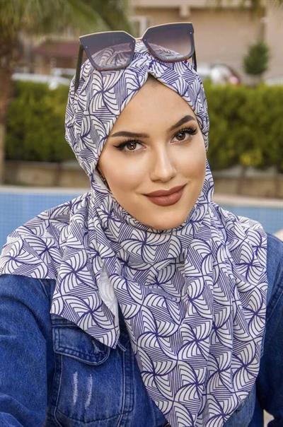 Beyaz Lacivert Desenli Hazır Şal Eşarp