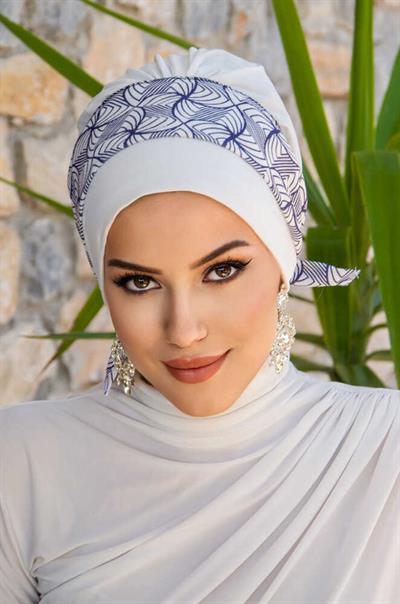 Beyaz Lacivert Spiral Desen Bantlı Bone