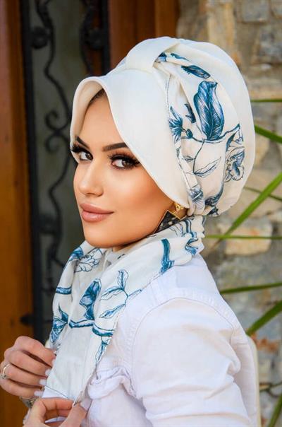 Beyaz Lacivert Yaprak Şapkalı Bone