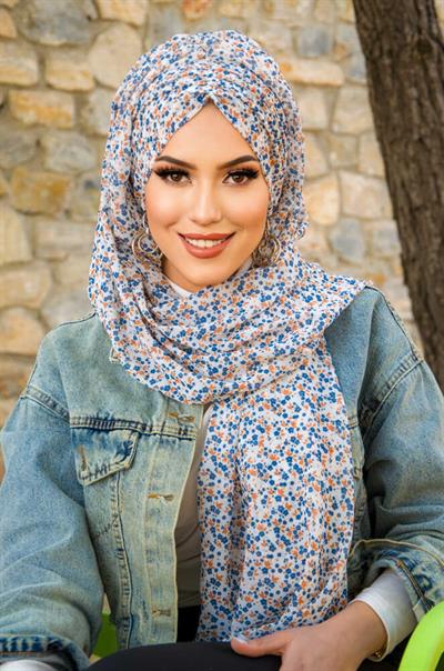 Beyaz Mavi Taba Çiçek Desen Hazır Şal