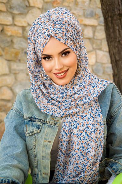 Beyaz Mavi Taba Çiçek Desen Hazır Şal