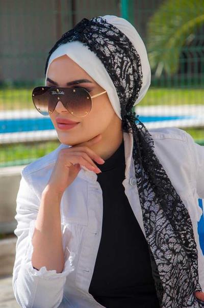 Beyaz Siyah Dantel Fularlı Bone-40602