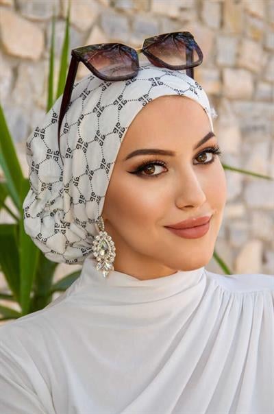 Beyaz Yazı Desen Çağla Hazır Türban