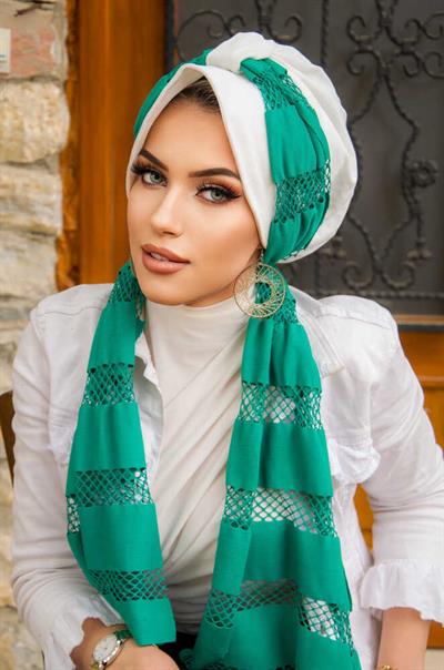 Beyaz Yeşil File Fularlı Şapka Bone