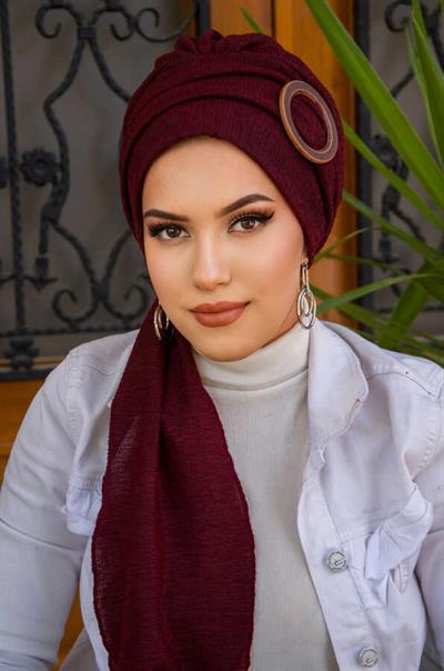 Bordo Ahşap Tokalı Atkılı Bone