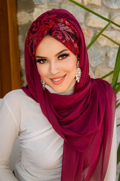 Bordo Çiçek Desen Burgu Hazır Şal