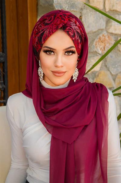 Bordo Çiçek Desen Burgu Hazır Şal
