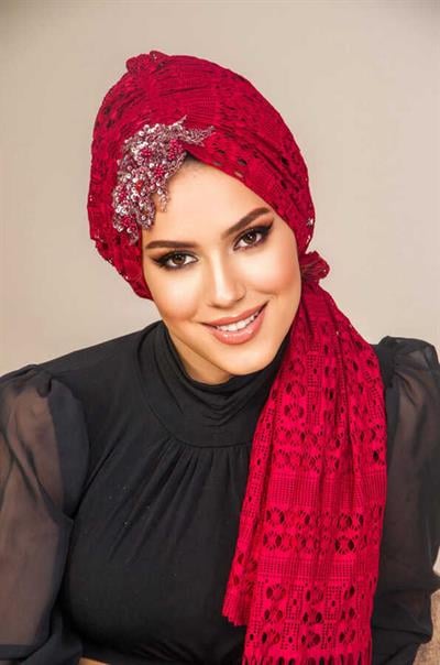 Bordo Güpürlü Abiye Tokalı Bone