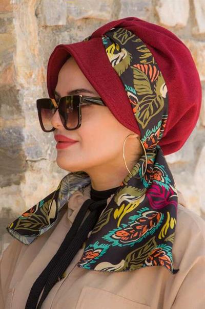 Bordo Haki Çiçek Desenli Şapka Bone