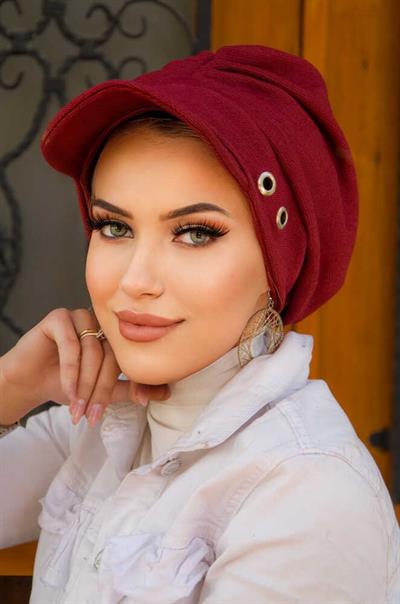 Bordo Metal Detaylı Tesettür Şapka Bone