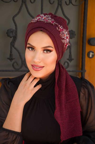 Bordo Nakışlı Abiye Atkılı Bone