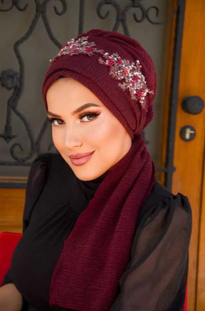 Bordo Nakışlı Abiye Atkılı Bone