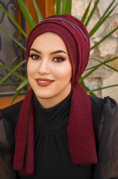 Bordo Taşlı Abiye Atkılı Bone