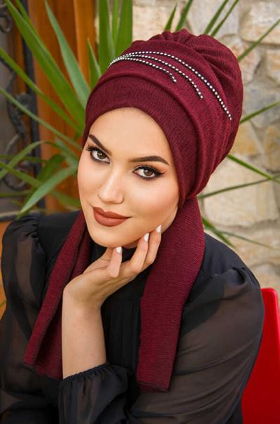 Bordo Taşlı Abiye Atkılı Bone