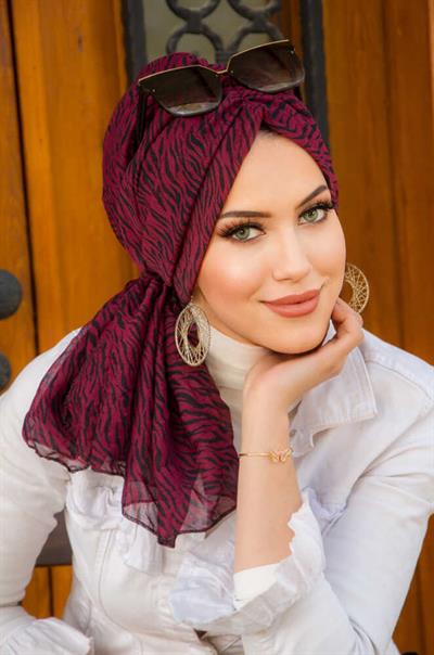 Bordo Zebra Şifon Tokalı Bone