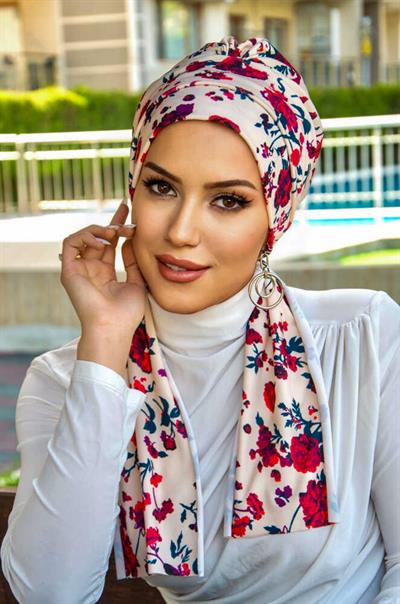 Ekru Bordo Çiçek Desenli Atkılı Bone