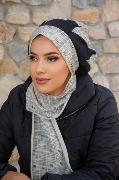 Ekru Ekose Garnili Tesettür Bere