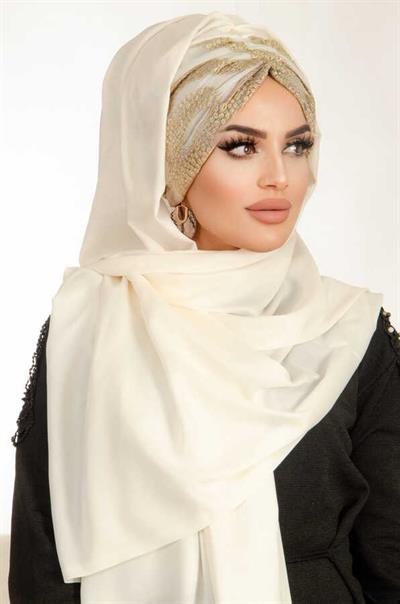 Ekru Gold Dantelli Hazır Şifon Şal