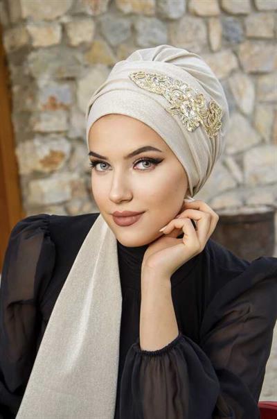 Ekru Gold Nakışlı  Atkılı Abiye Bone