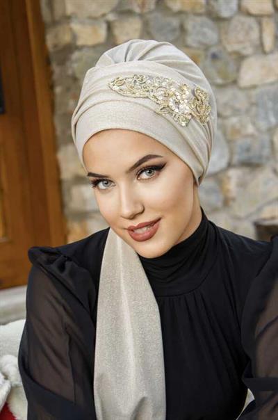 Ekru Gold Nakışlı  Atkılı Abiye Bone