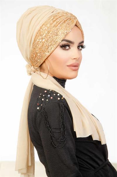 Ekru Gold Payet Detaylı Abiye Tokalı Bone