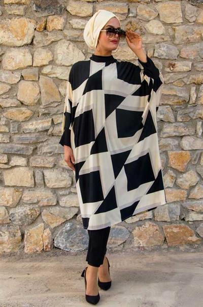 Ekru Siyah Kareli Oversize Tesettür Tunik