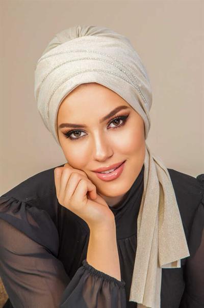 Ekru Taşlı Abiye Atkılı Bone