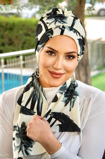 Füme Yaprak Desenli Atkılı Bone