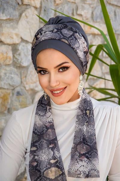 Füme Yılan Desen Fularlı Bone