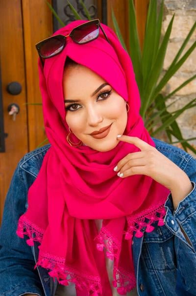 Fuşya Dantelli Şapka Şal