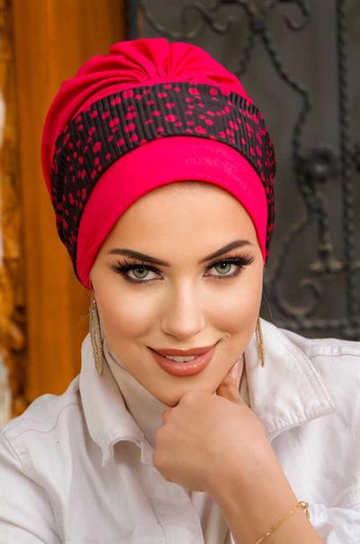 Fuşya Puan Desenli Bantlı Hazır Bone