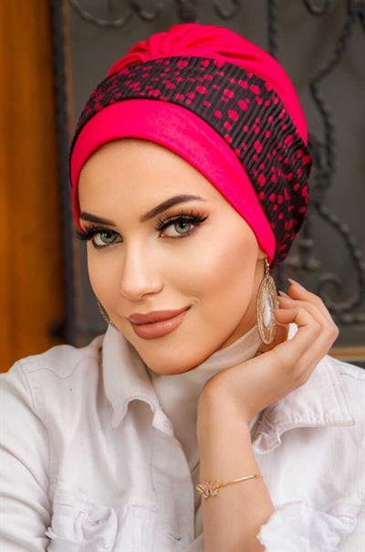 Fuşya Puan Desenli Bantlı Hazır Bone