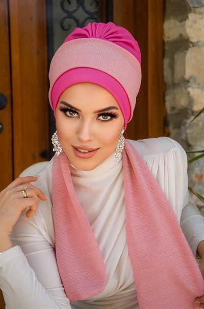 Fuşya Pudra Fularlı Bone