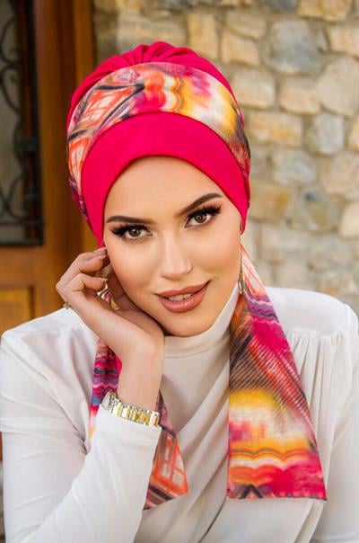 Fuşya Retro Desen Fularlı Bone