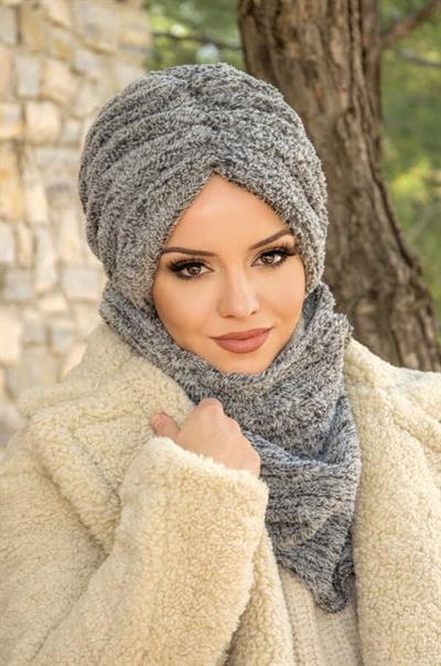 Gri Kürk Büzgülü Bone Ve Etol Takım