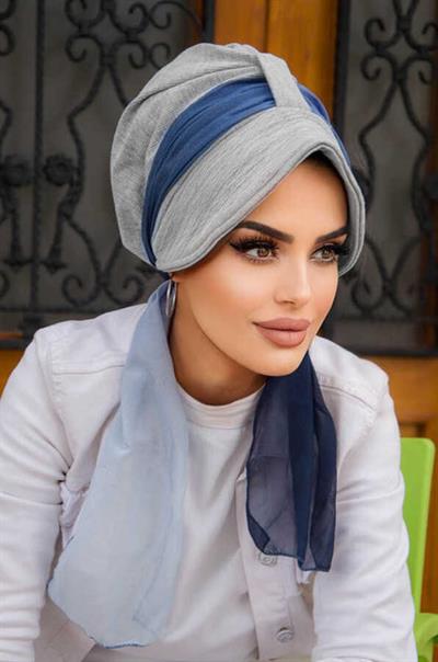 Gri Lacivert Batik Desen Batik Şapkalı Bone