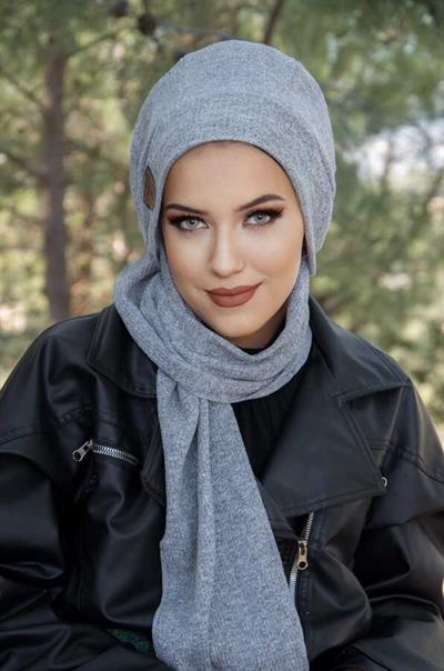 Gri Melanj Fitilli Armalı Tesettür Bere