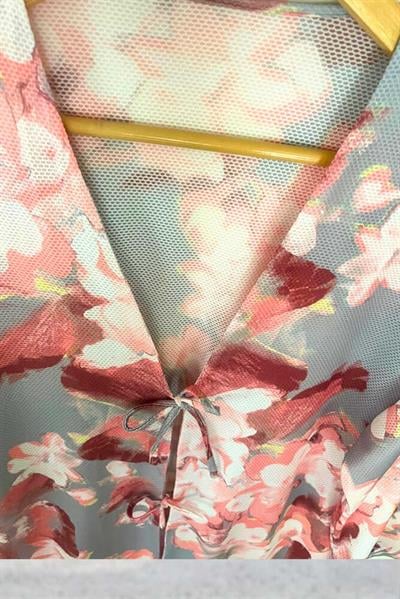 Gri Pudra Çiçekli Önü Bağlamalı Kimono Tunik / Likralı Yazlık Kumaş 85 cm Boy