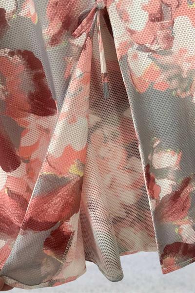 Gri Pudra Çiçekli Önü Bağlamalı Kimono Tunik / Likralı Yazlık Kumaş 85 cm Boy