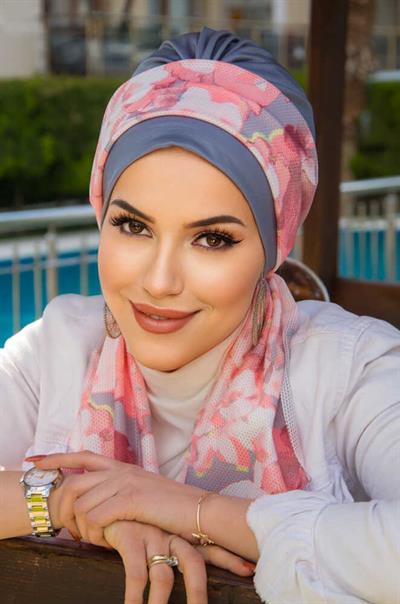 Gri Pudra Desenli Fularlı Bone