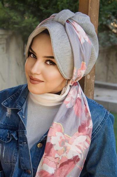 Gri Pudra Soft Dolgulu  Fularlı Şapka Bone