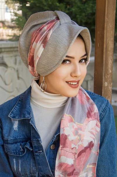 Gri Pudra Soft Dolgulu  Fularlı Şapka Bone