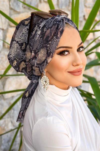 Gri Yılan Derisi Desen Tül Tokalı Bone