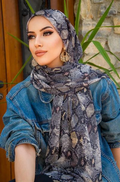 Gri Yılan Desenli Bone Hazır Şal