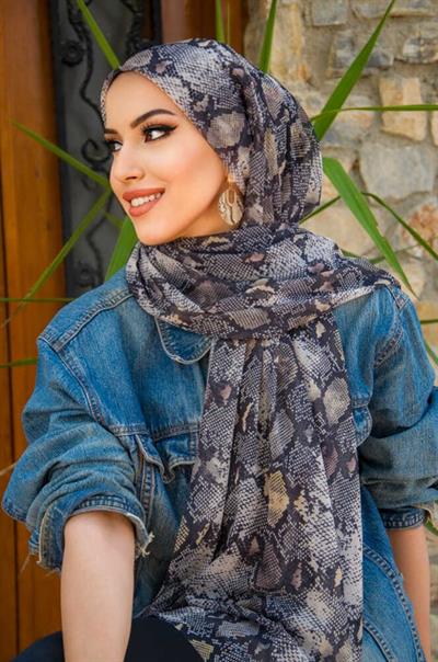 Gri Yılan Desenli Bone Hazır Şal