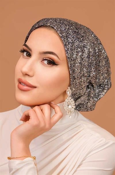 Gümüş Lacivert Simli Çağla Abiye Hazır Türban Bone