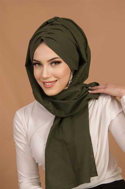 Haki Kelebek Model Büzgülü Bone Şal