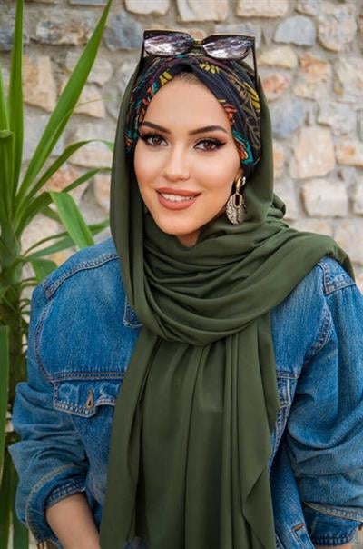 Haki Siyah Çiçek Desen Hazır Şal